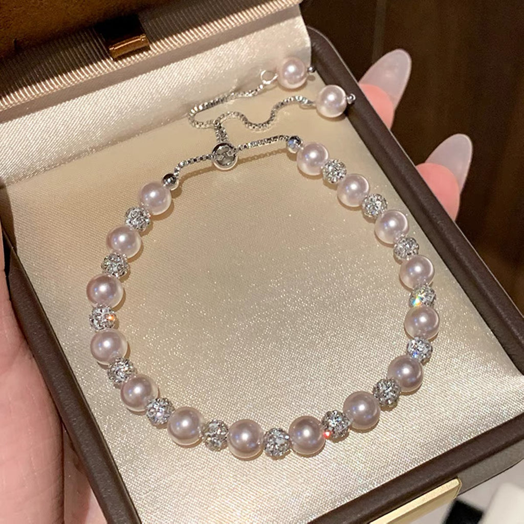 Adjustable Pearl Beaded Bracelet with Sparkling Rhinestone Accents