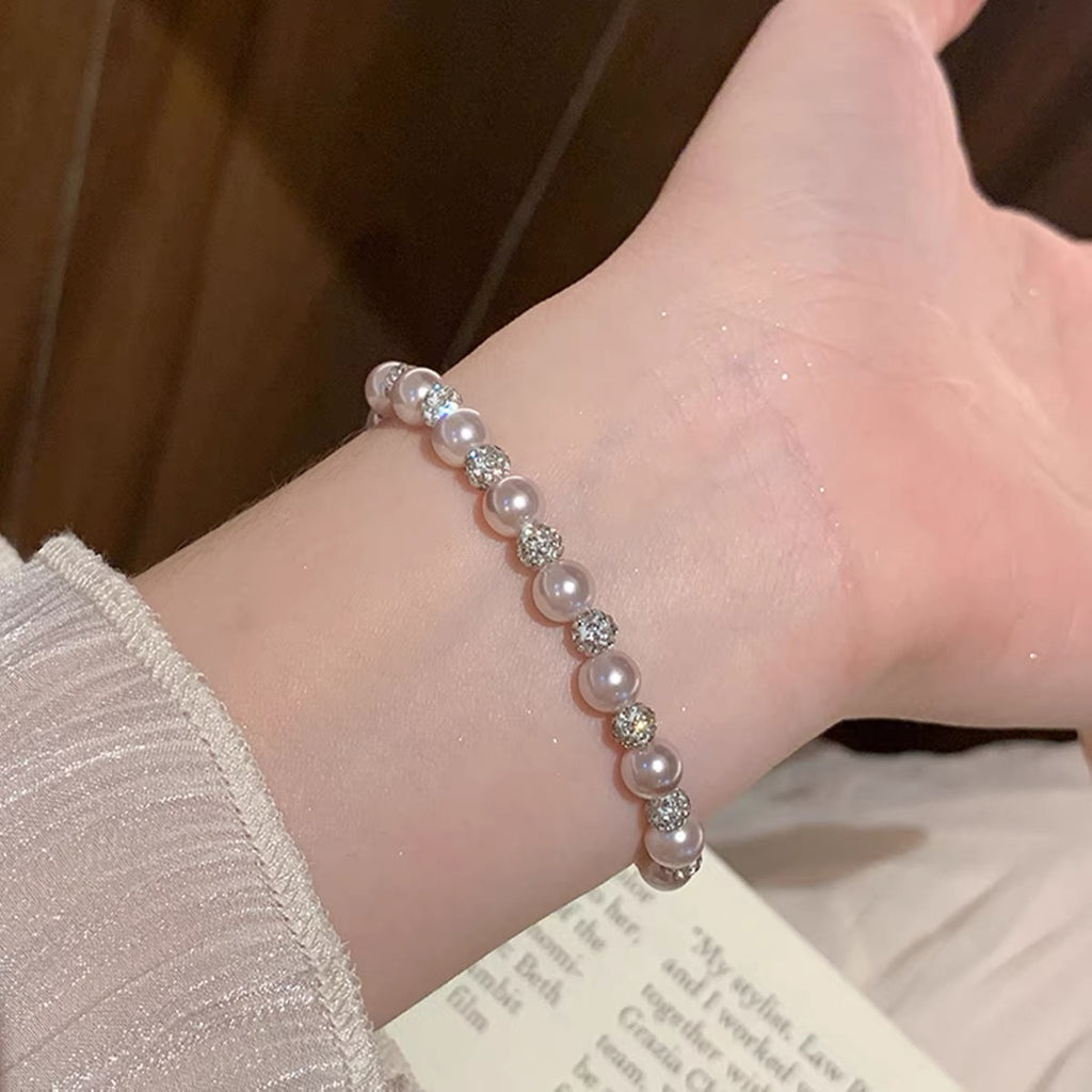 Adjustable Pearl Beaded Bracelet with Sparkling Rhinestone Accents