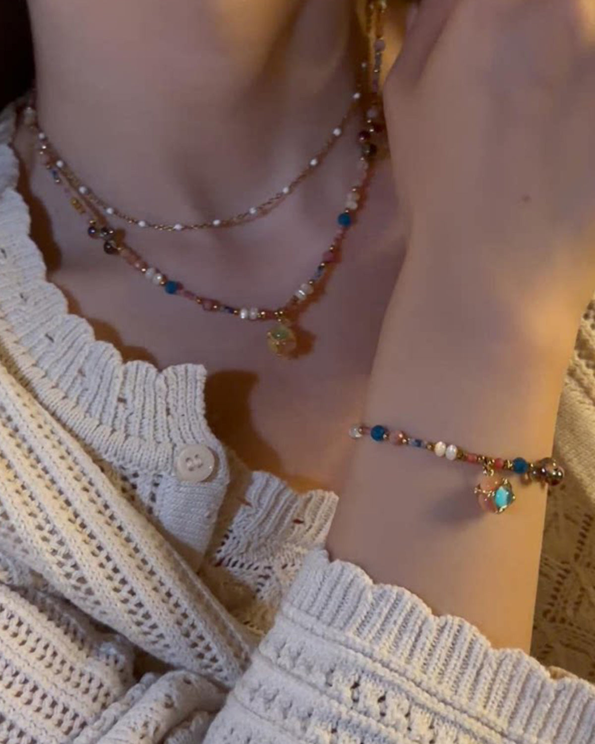 Handmade Natural Stone Jewelry Set – Necklace or Bracelet,ring  color bubble series