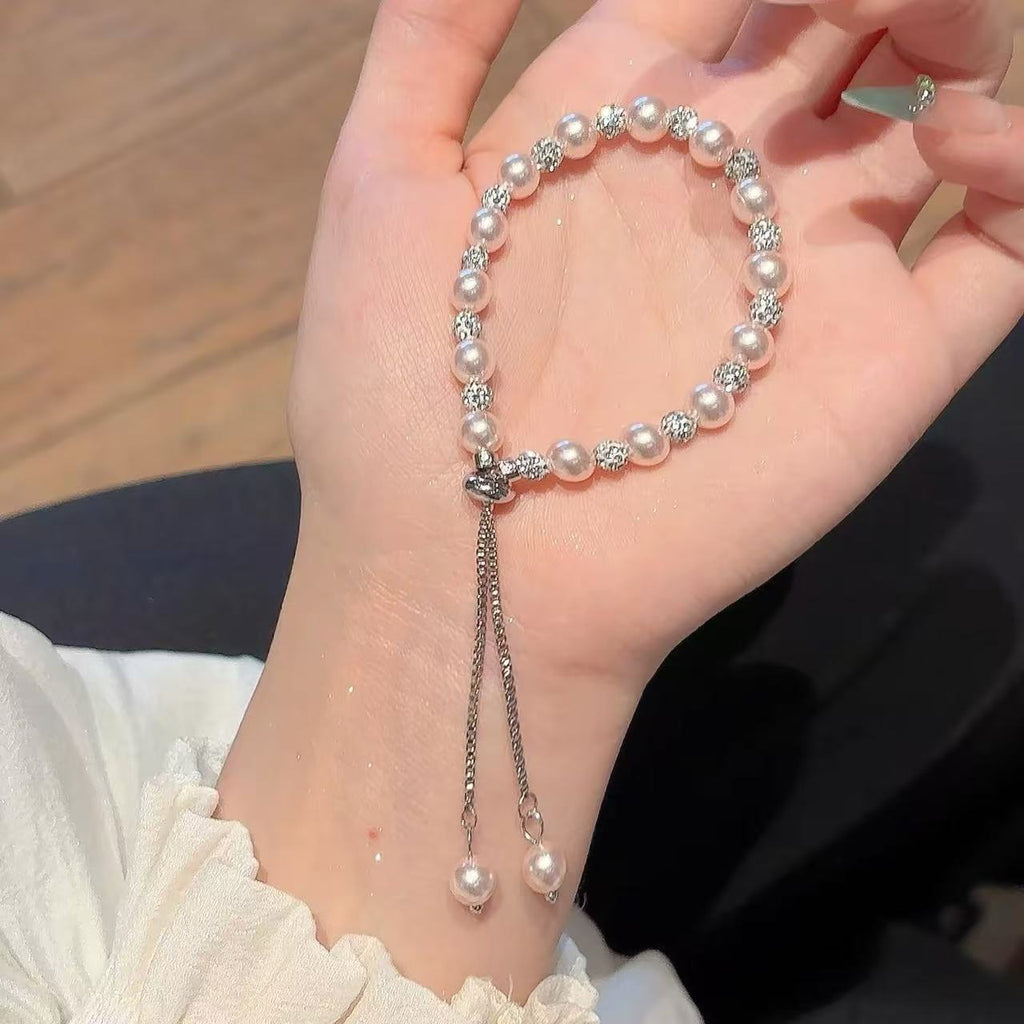 Adjustable Pearl Beaded Bracelet with Sparkling Rhinestone Accents