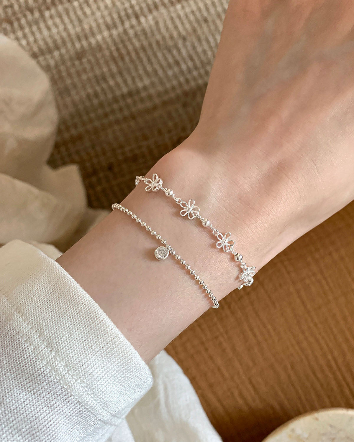 925 Sterling Silver Floral & Beaded Bracelet
