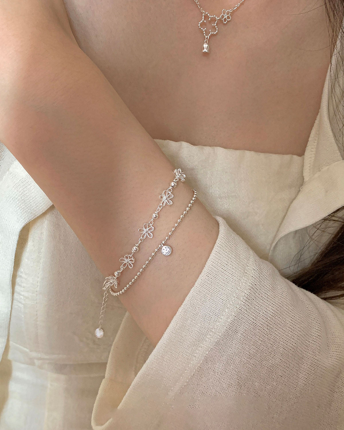925 Sterling Silver Floral & Beaded Bracelet