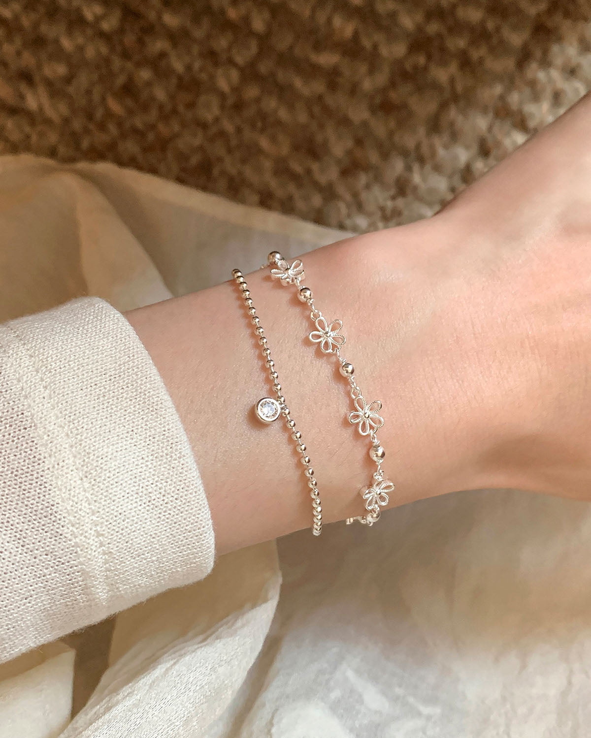 925 Sterling Silver Floral & Beaded Bracelet