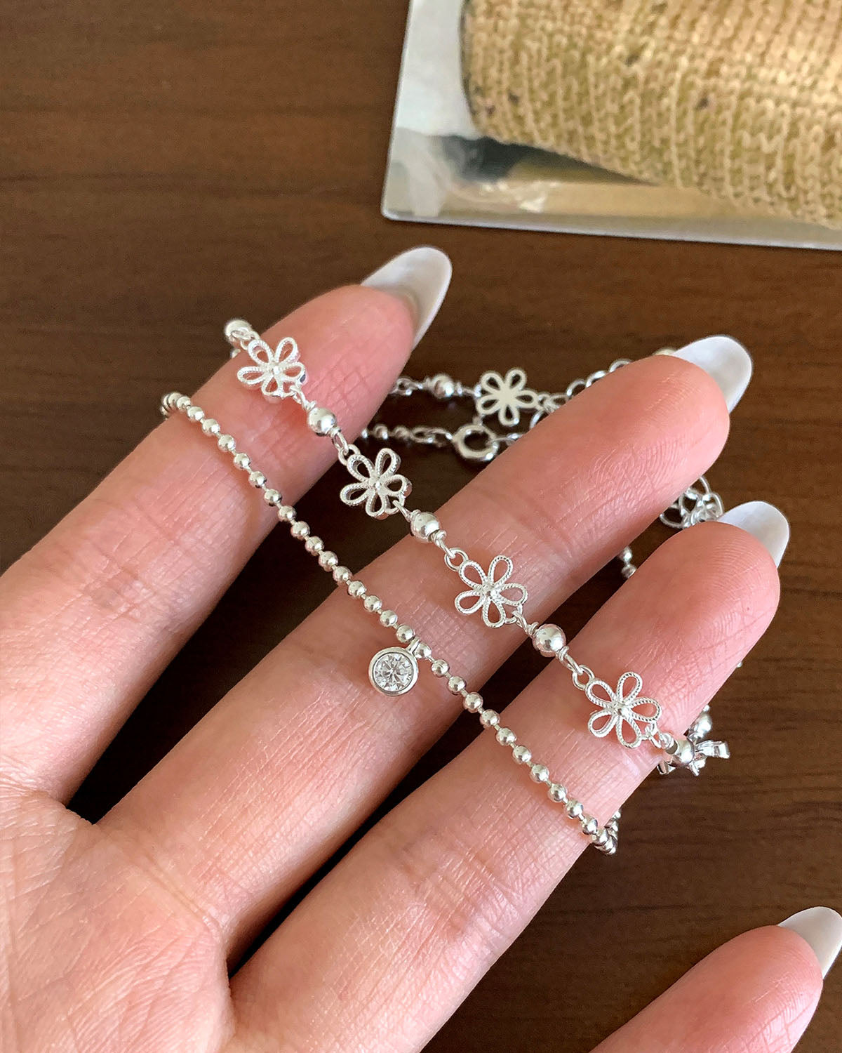 925 Sterling Silver Floral & Beaded Bracelet