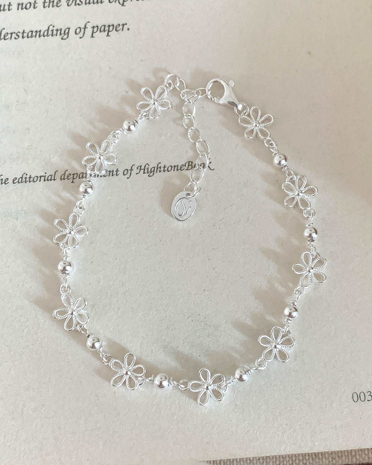 925 Sterling Silver Floral & Beaded Bracelet