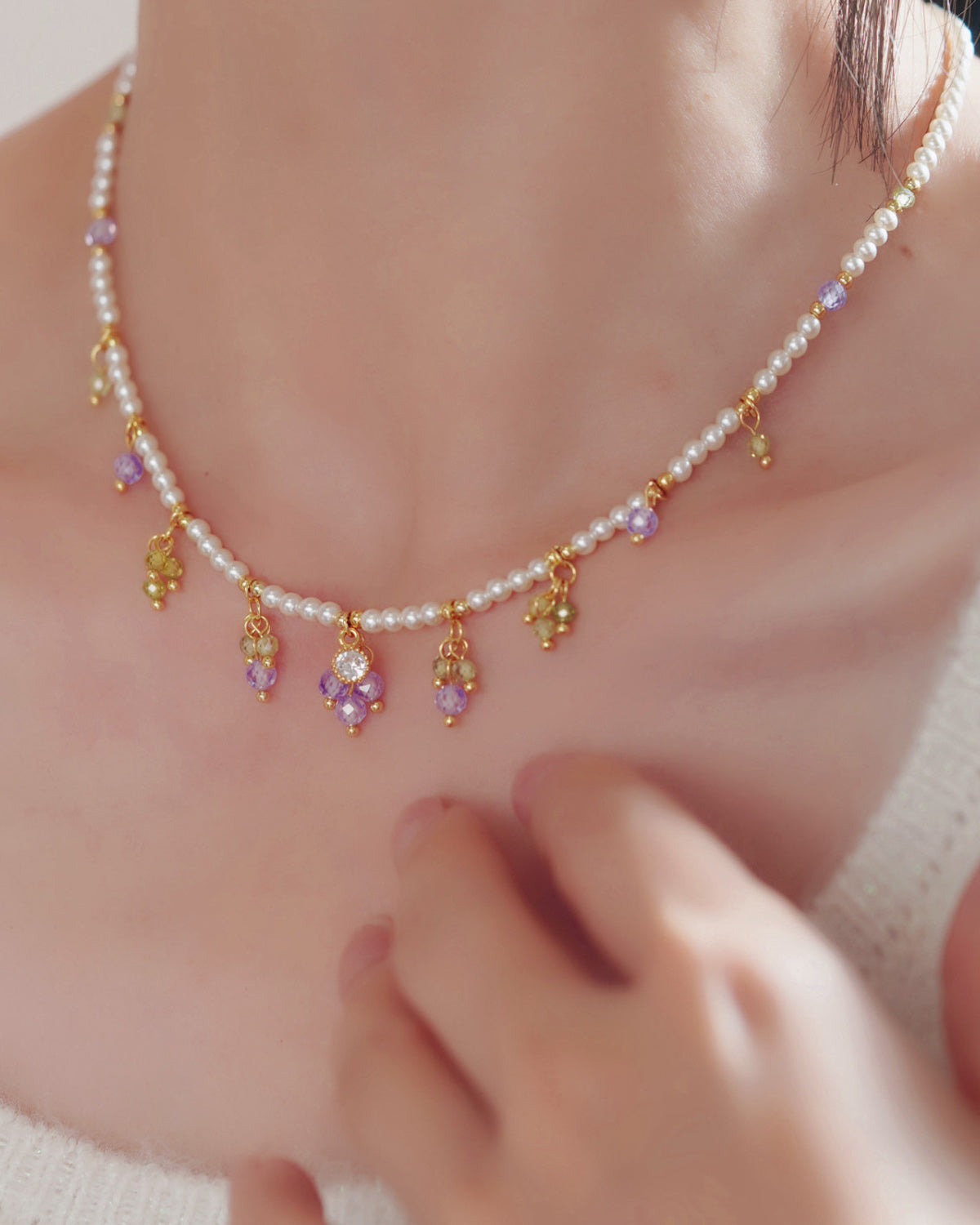 Colorful Zircon Pearl Charm Necklace