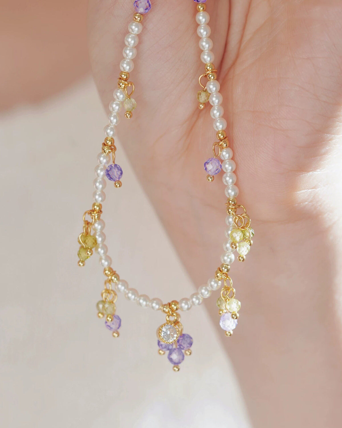 Colorful Zircon Pearl Charm Necklace