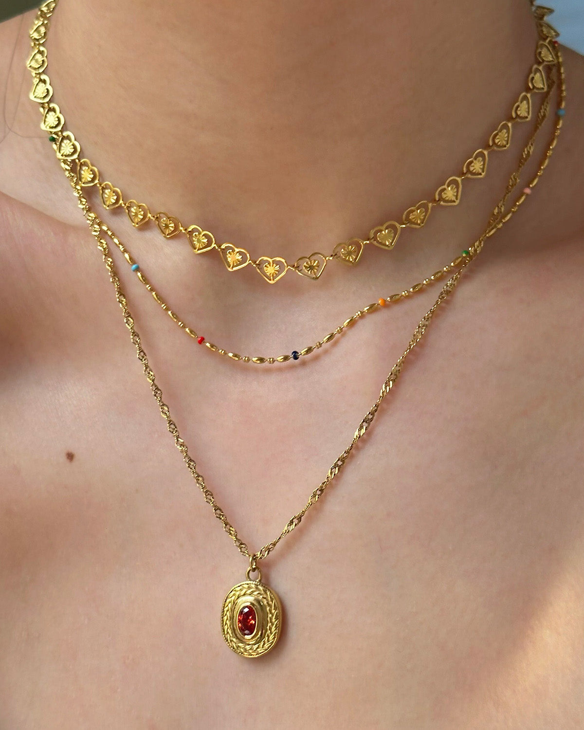 Gold Layered Necklace Set – 3-Piece Vintage Pendant Chain