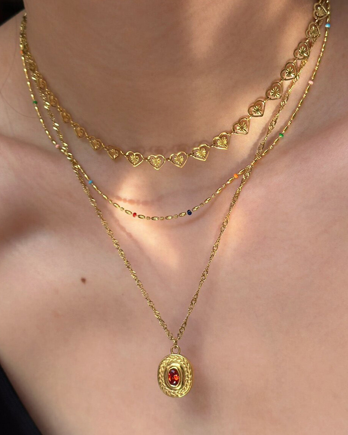 Gold Layered Necklace Set – 3-Piece Vintage Pendant Chain