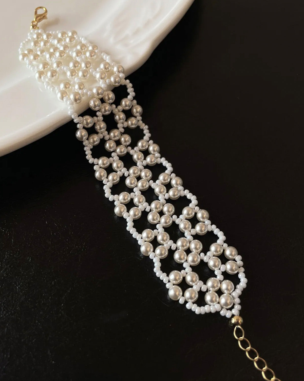 Pearl Lace Bracelet in Gold Tone